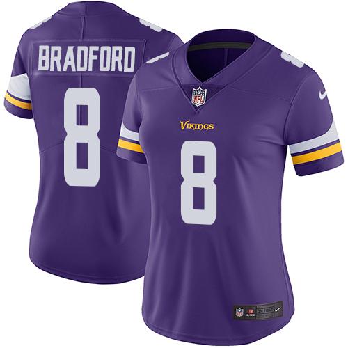 Nike Vikings #8 Sam Bradford Purple Team Color Women's Stitched NFL Vapor Untouchable Limited Jersey